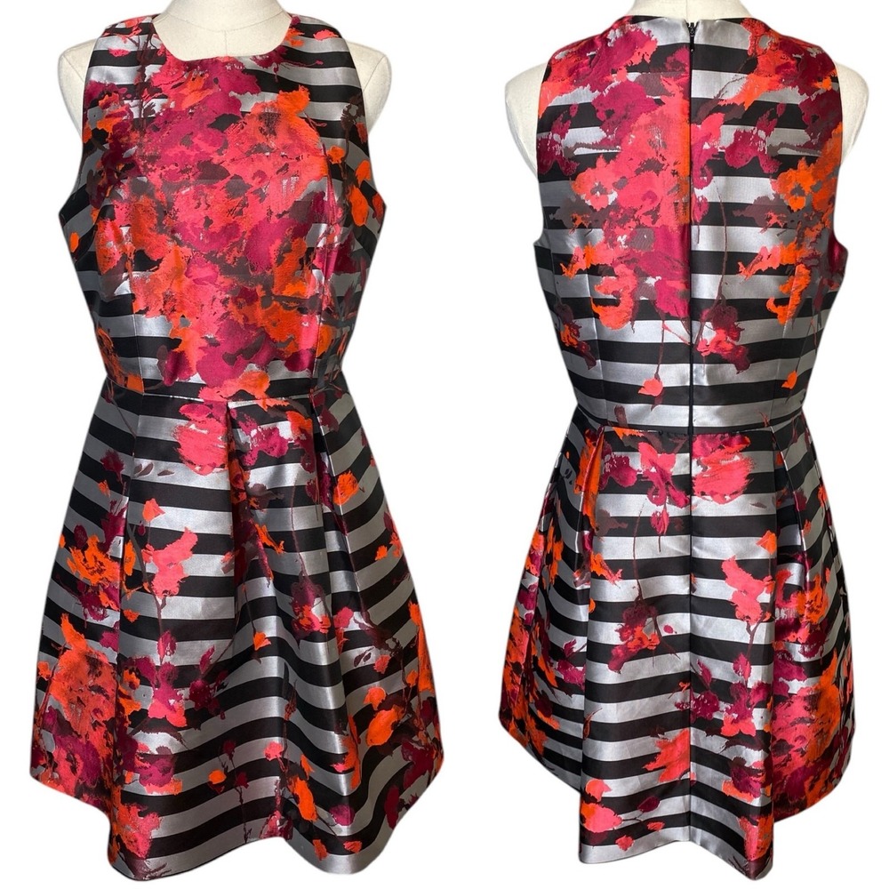 Carmen Marc Valvo Dress Fit and Flare Floral Striped Sleeveless size 8 - Picture 2 of 8